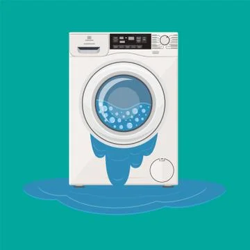 Broken washing machine from which water flows. Calling the master 스톡 일러스트