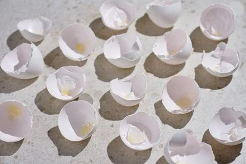 Broken white eggshells scattered on kitchen surface 스톡 사진