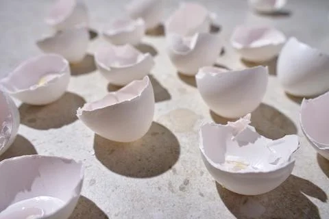 Broken white eggshells scattered on kitchen surface 스톡 사진