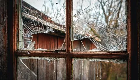 Broken window pane in an old building Stock Photos