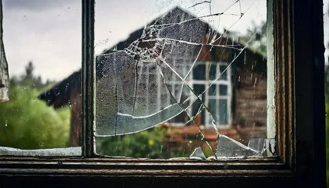 A broken window pane with a view Stock Photos