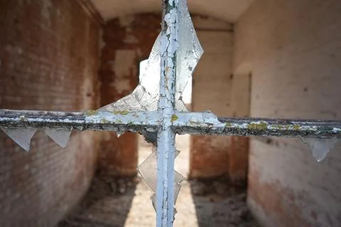 Broken Window, Peeling Paint, Shattered Glass, Abandoned Building, Bulcote, Stock Photos