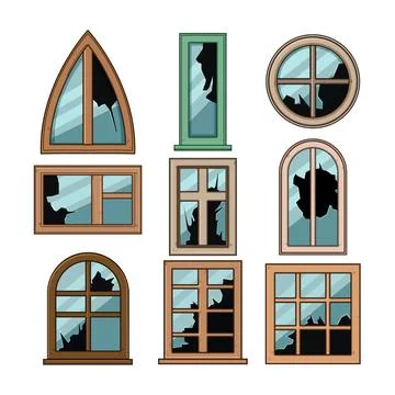 Broken windowpane collection showing damage and destruction Ilustración de archivo