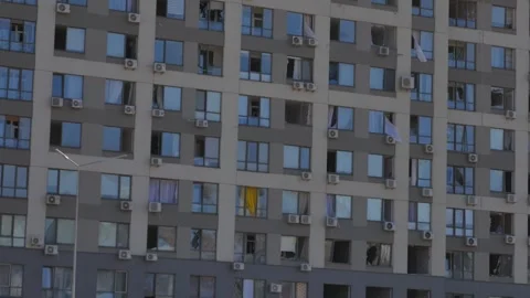 Broken windows after bombing by russian army in Kiev, Ukraine Stock Footage 260115601