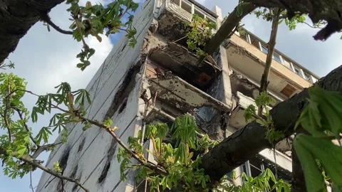 Broken windows burned during the street battles of the occupation of Irpen Stock Footage 239543533