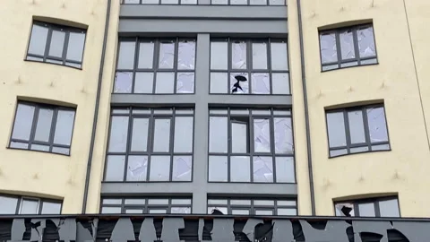 Broken windows a house in Irpen. Consequences of hostilities. Russian occupation Stock Footage 239622359