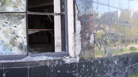 Broken windows from shelling. War. Destroyed property. Stock Footage 241110416