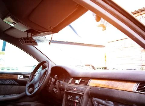 Broken windshield in a car after a collision with a pedestrian and a car Stock Photos