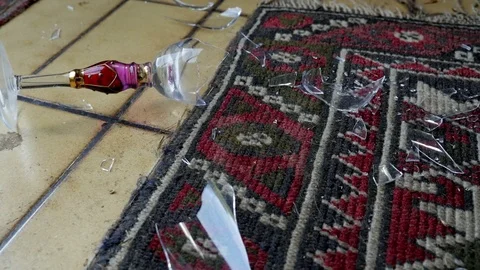 Broken Wine Glass Fragments, smashed on floor Stock Footage 76138618