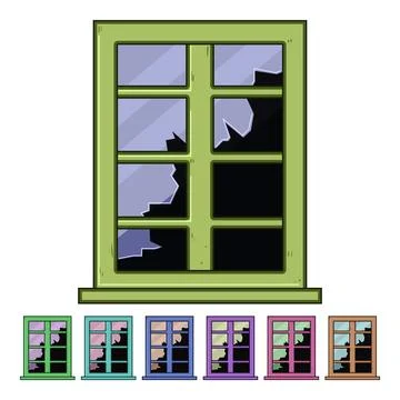 Broken wooden window frame with shattered glass Stock Illustration