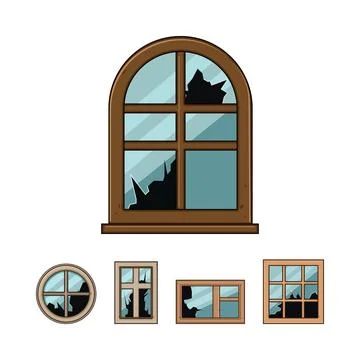 Broken wooden windows concept vector illustration set Ilustración de archivo