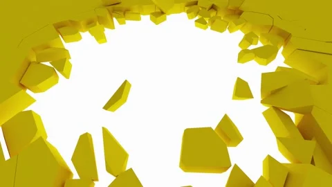 Broken yellow wall, Explosion, destruction, Isolated on white background, Stock Footage 253525430