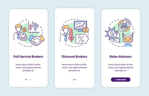 Broker types onboarding mobile app page screen with concepts Illustrazione stock