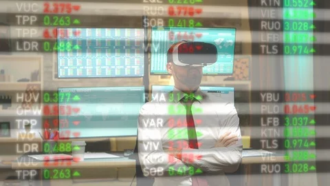 Broker using virtual reality headset to read data from hologram screen Stock Footage 128040196