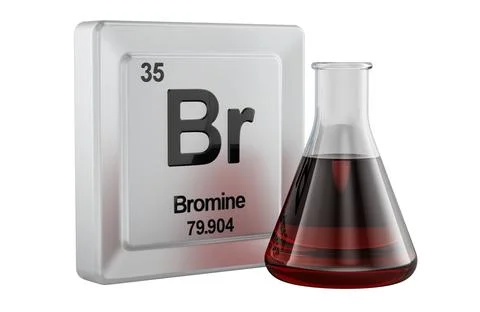 Bromine element tile with flask of liquid bromine sample. 3d rendering Ilustração Stock