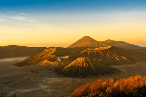 The bromo volcano on java in indonesia during the sunrise. Stock Photos