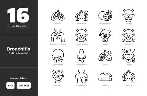 Bronchitis Symptoms Icon Set Collection - Outline Line Art Style. Containin.. Stock Illustration