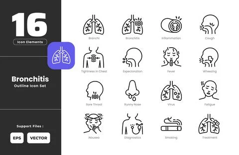 Bronchitis Symptoms Icon Set Collection - Outline Line Art Style. Containin.. Stock Illustration