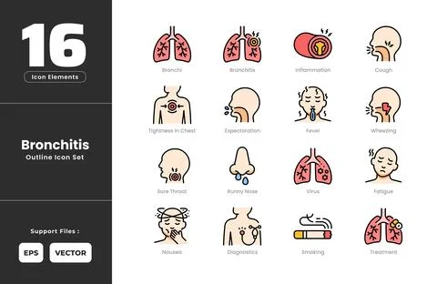 Bronchitis Symptoms Icon Set Collection - Outline Line Art Style. Containin.. Stock Illustration