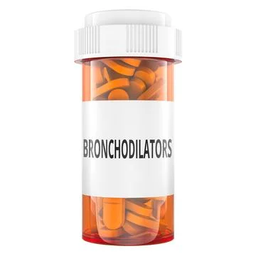 Bronchodilator medication bottle with tablets. 3D rendering Stock-Illustration
