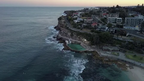 Bronte Beach in Austraila with its pool from an aerial view Stock Footage 85088861