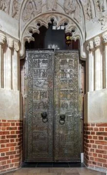 Bronze ancient doors in temple which are over 1000 years old Stock Photos