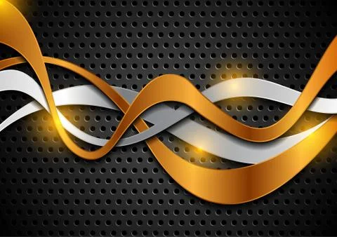 Bronze and silver shiny waves on perforated tech background Stock Illustration