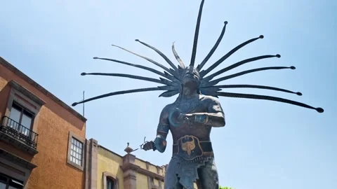 Bronze Aztec Dancer Statue With Fan Headdress In Queretaro Centro Historico Video stock 343694830
