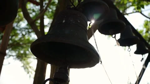 Bronze bells hanging from tree branches in sunlight 库存影片 347534406