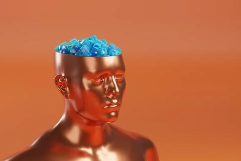 Bronze bust of a man with his head open with copy space. 3d illustration. Stock Illustration