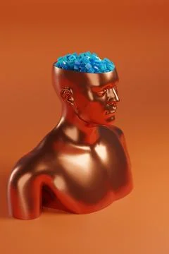 Bronze bust of a man with his head open and full of blue cubes. 3d illustra.. Stock Illustration