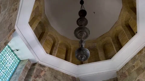 Bronze chandelier in Islamic interior design with metal accessories ceiling Stock Footage 337897689