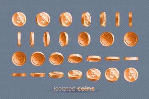 Bronze coins set isolated in different positions 库存插图