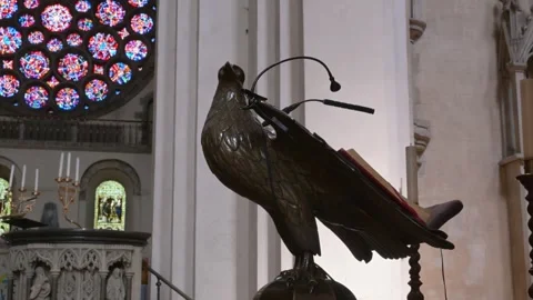 Bronze Eagle Lectern and Rose Window Inside St Albans Cathedral Stock Footage 345010636