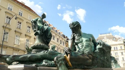 Bronze fountain in square Stock Footage