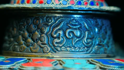 Bronze Indian pitcher richly decorated with ornaments and red and blue tiles   Stock Footage 121590489