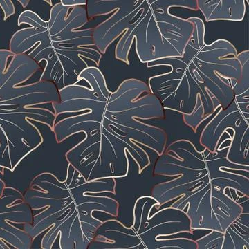 Bronze leaf monstera. Seamless gray pattern. Stock Illustration