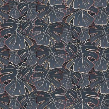 Bronze leaf monstera. Seamless gray pattern. Stock Illustration