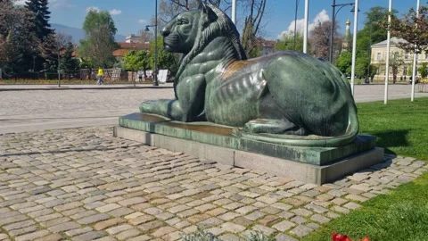 Bronze lion statue in Sofia, Bulgaria, a national symbol near Alexander Nevsky Video stock 328287140