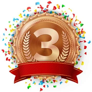 Bronze Medal Vector. Falling Confetti Explosion. Red Ribbon. Isolated On White Stock Illustration