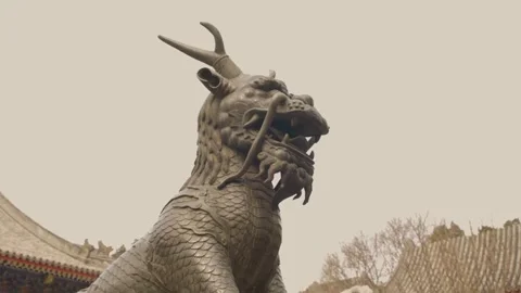 Bronze Mythical Beast Statue at Summer Palace with Traditional Roofs, Beijing Stock Footage 345687254
