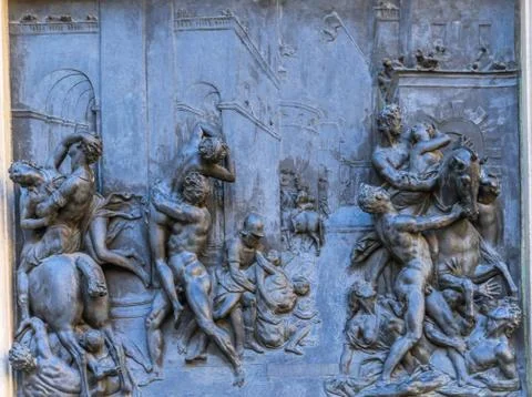 Bronze Plaque Rape Sabines Statue Palazzo Vecchio Loggia Florence Italy Stock Photos