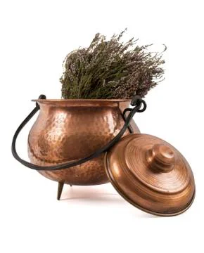 Bronze pot isolated on white background with lavander Stock Photos