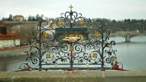 Bronze relief lectern of Saint John of Nepomuk on Charles bridge in Prague Stock Footage 328190019