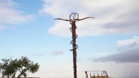 Bronze Serpent Cross Sculpture, Iconic Metal Monument at Mount Nebo Summit Stock Footage 346361313