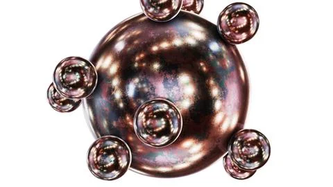 Bronze sphere with orbital rolling small metal spheres as satellites Stock Illustration