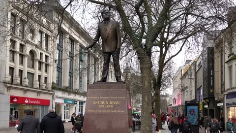 A Bronze Statue of Aneurin Bevan in Queen Street, Cardiff, Wales, UK Stock Footage 258604214