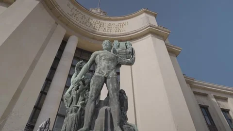 Bronze statue of Apollo quotations gold inscription palais de Chaillot Paris Stock-Footage 243399574