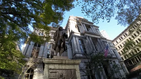 Bronze statue of Benjamin Franklin installed outside the old City Hall in Stock-Footage 227669467