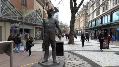 A Bronze Statue of a Coal Miner in Queen Street, Cardiff, Wales, UK Stock Footage 258248532